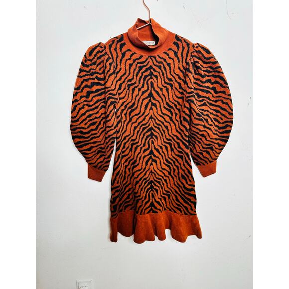 ULLA JOHNSON Red Black Zebra Printed 100% Merino Wool Puff Sleeves Joni Dress M - Picture 2 of 16